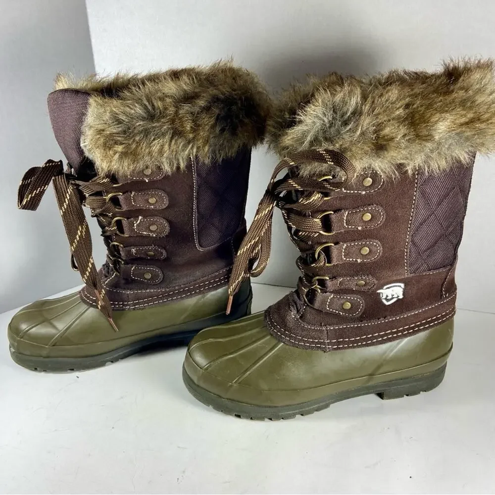 Bearpaw women Snow Boots‎ 6 Faux Fur Trim Duck Boots Lace Up Brown Olive 6M